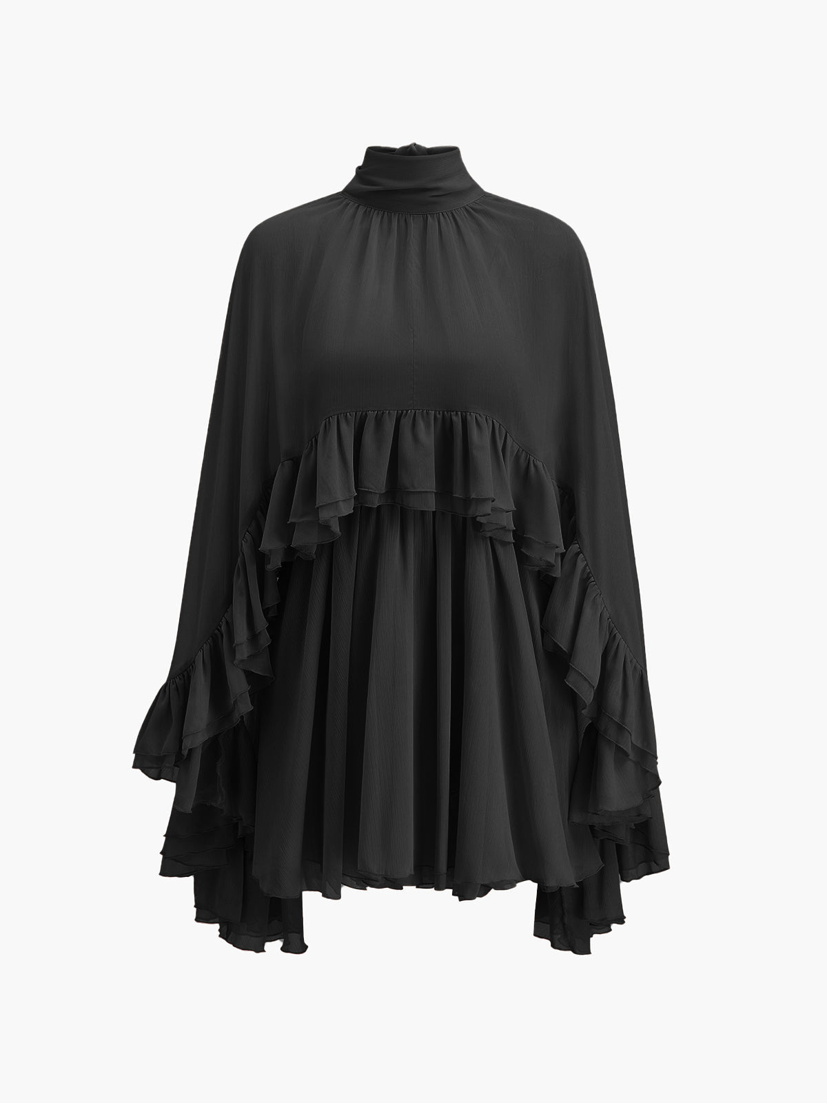 Mock neck mini dress with ruffle trim and cape overlay for women
