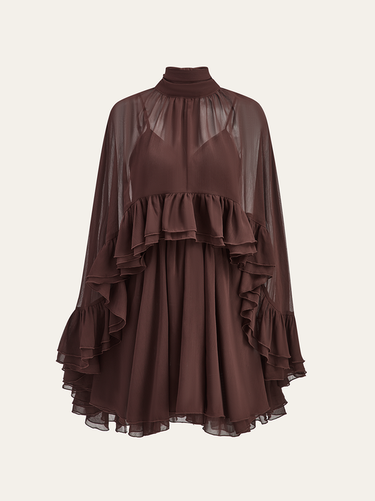 Mock neck mini dress with ruffle trim and cape overlay for women