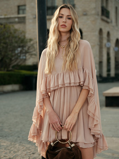 Mock neck mini dress with ruffle trim and cape overlay for women
