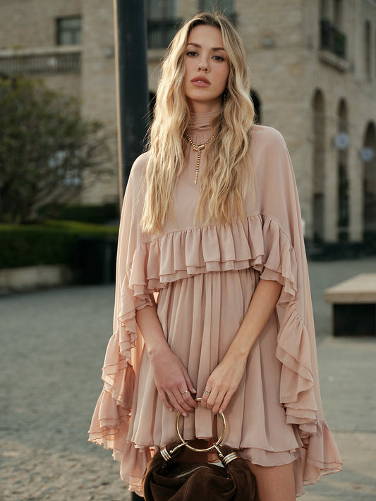 Mock neck mini dress with ruffle trim and cape overlay for women