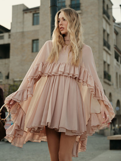 Mock neck mini dress with ruffle trim and cape overlay for women