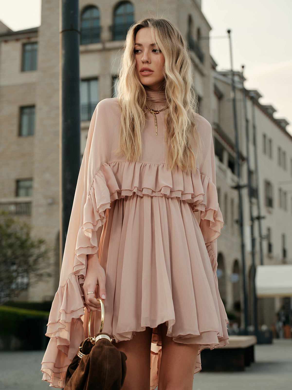 Mock neck mini dress with ruffle trim and cape overlay for women