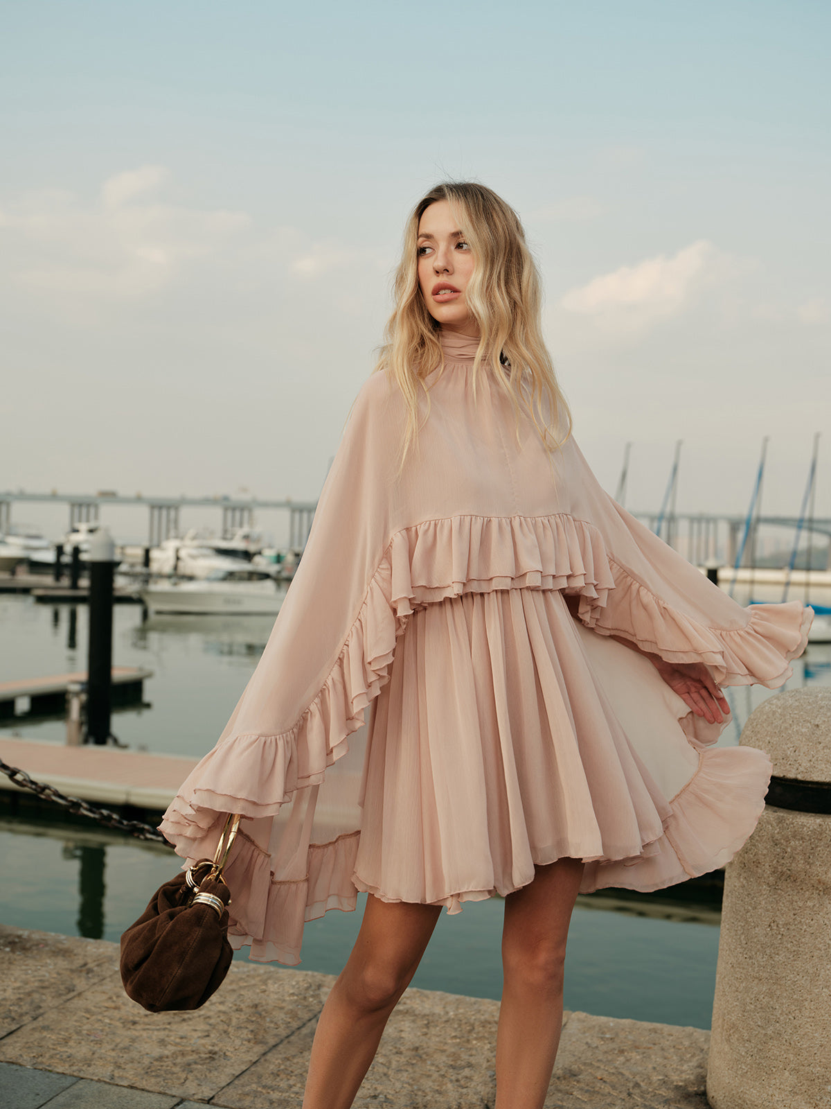 Mock neck mini dress with ruffle trim and cape overlay for women