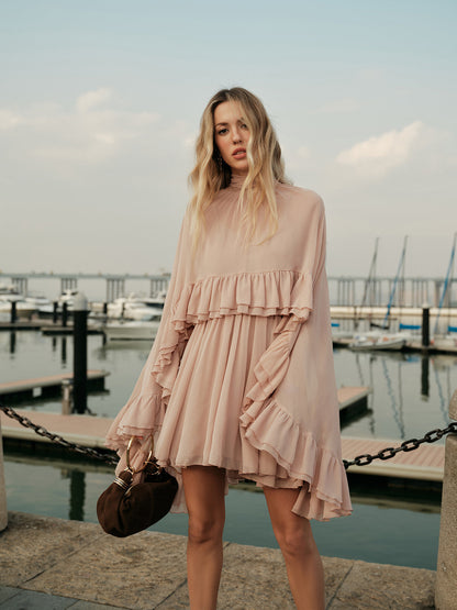 Mock neck mini dress with ruffle trim and cape overlay for women