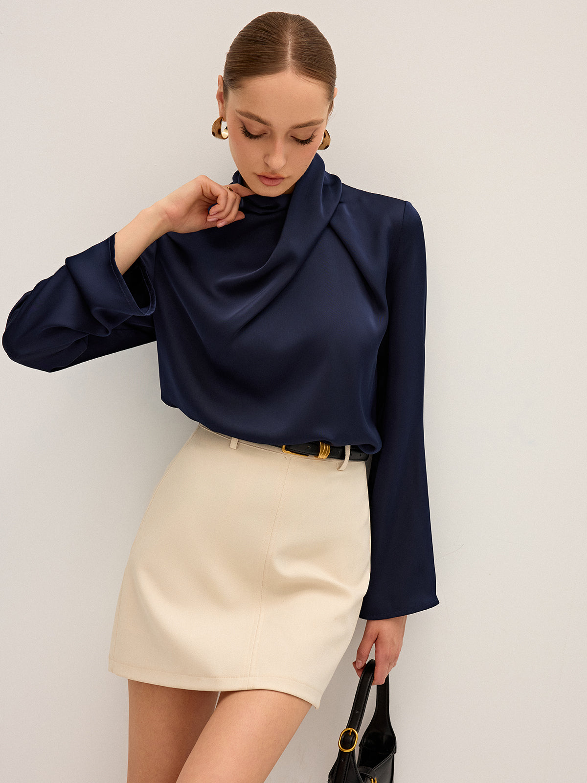 Draped high neck blouse for women with long sleeves