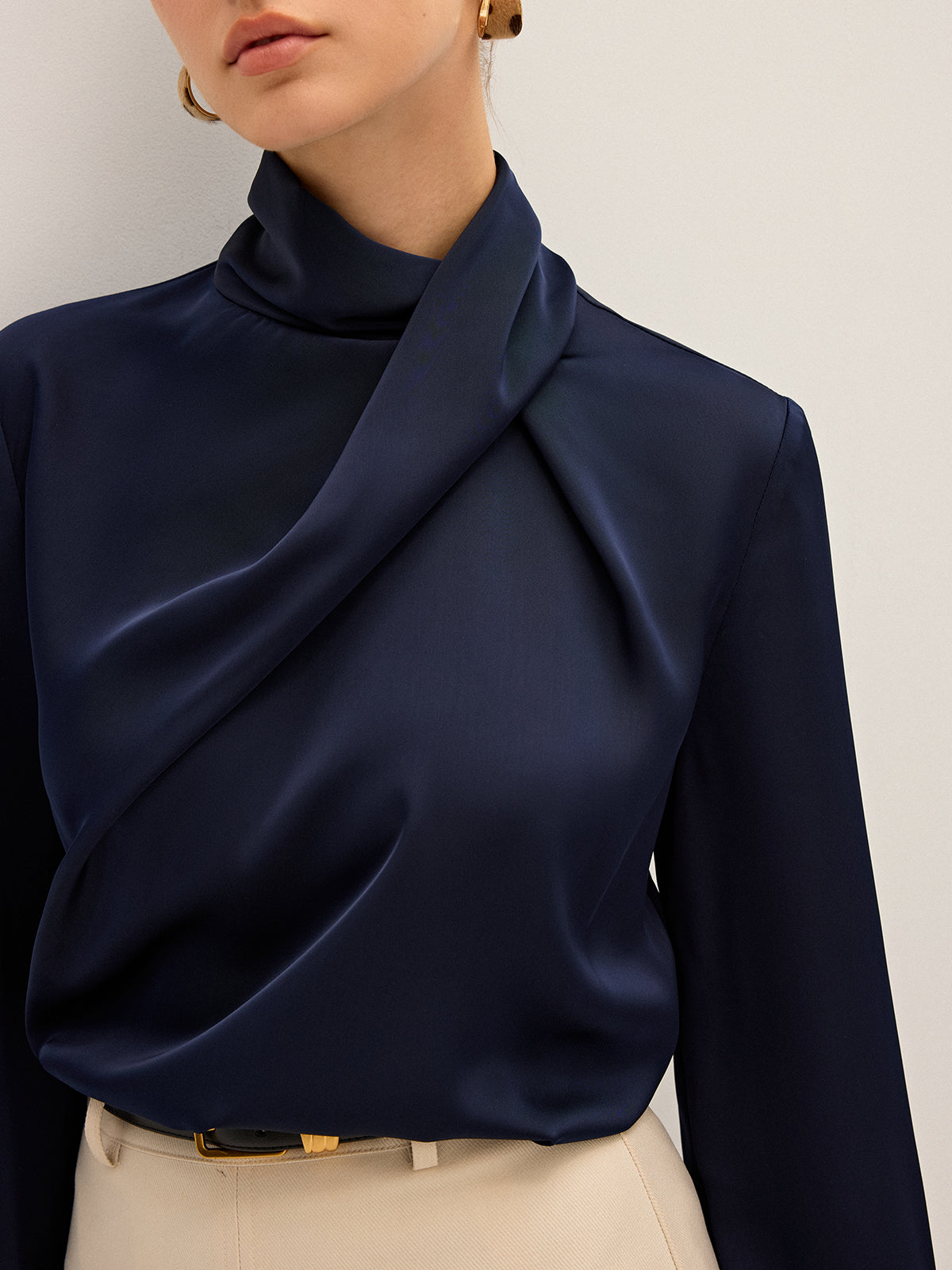 Draped high neck blouse for women with long sleeves