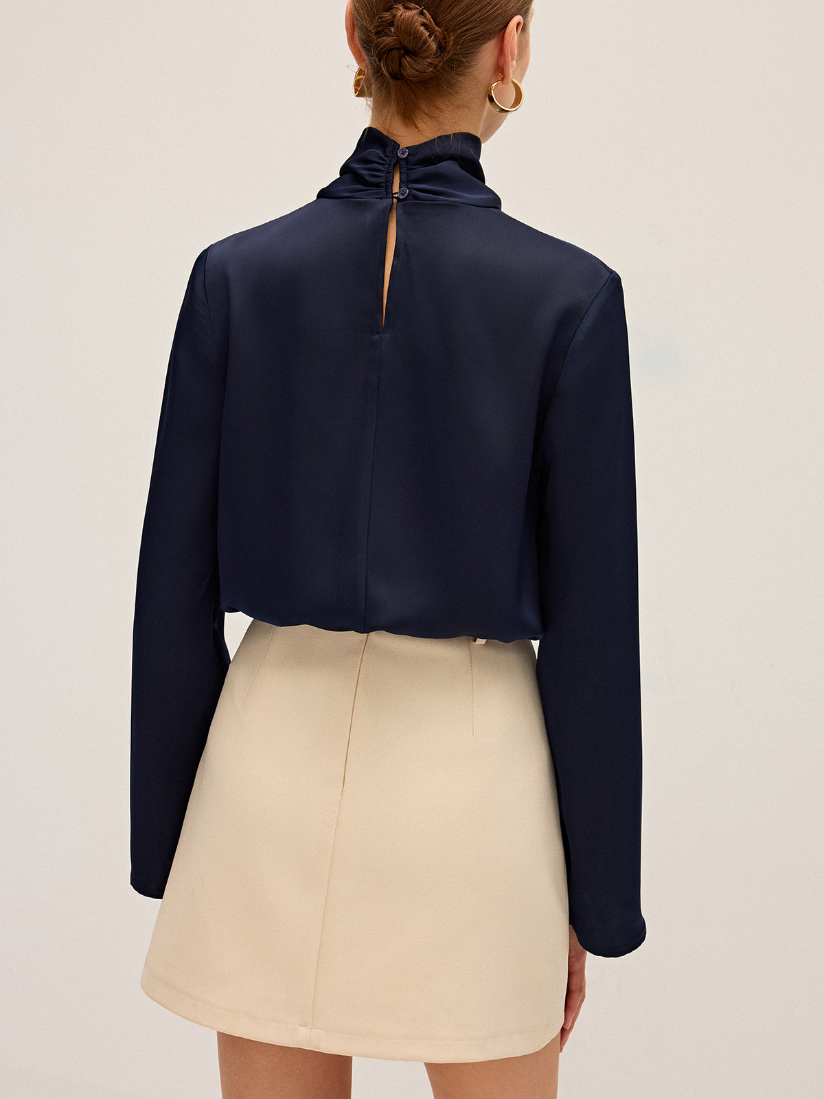 Draped high neck blouse for women with long sleeves
