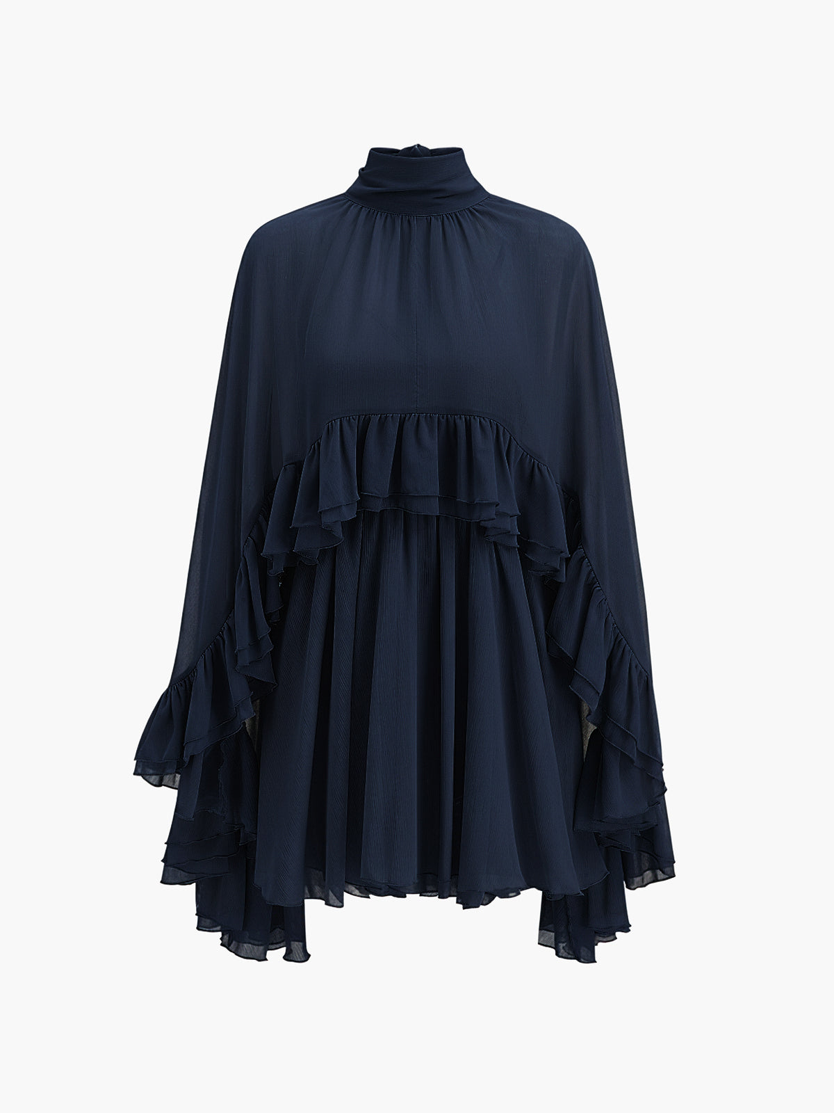 Mock neck mini dress with ruffle trim and cape overlay for women