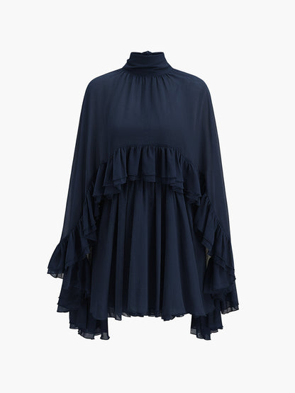 Mock neck mini dress with ruffle trim and cape overlay for women