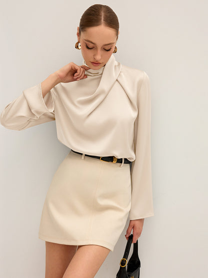 Draped high neck blouse for women with long sleeves