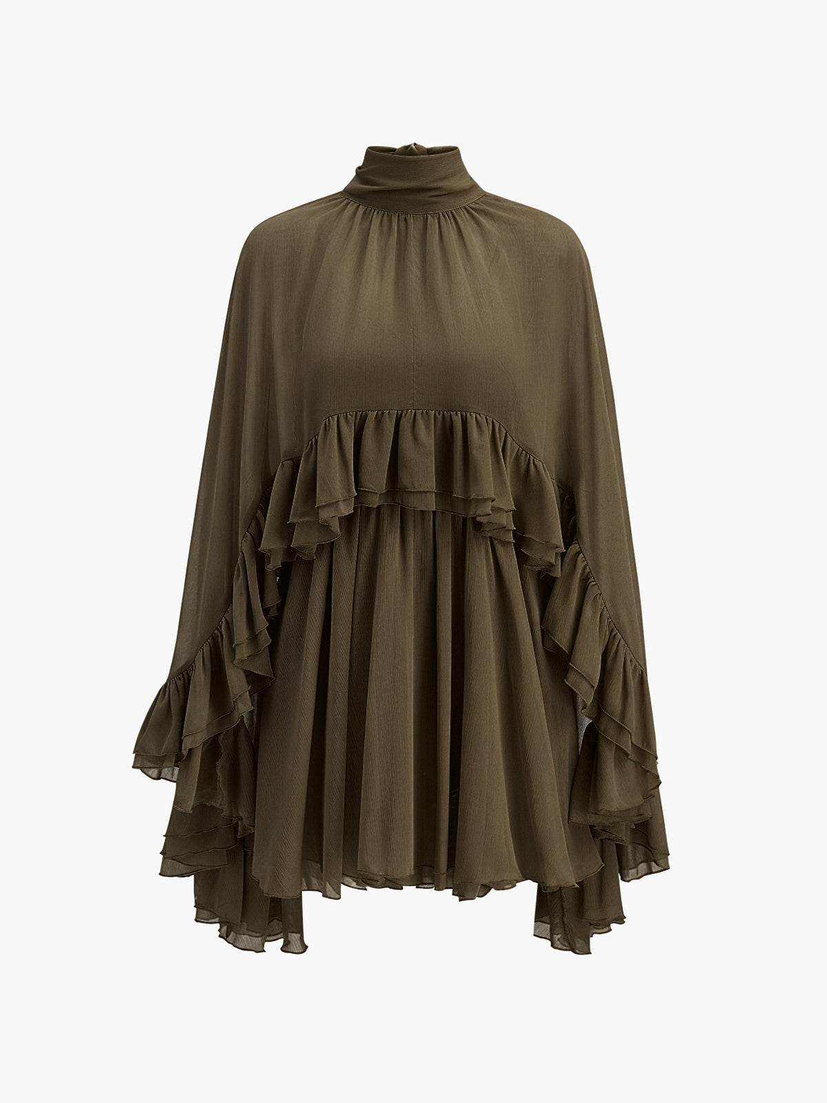 Mock neck mini dress with ruffle trim and cape overlay for women