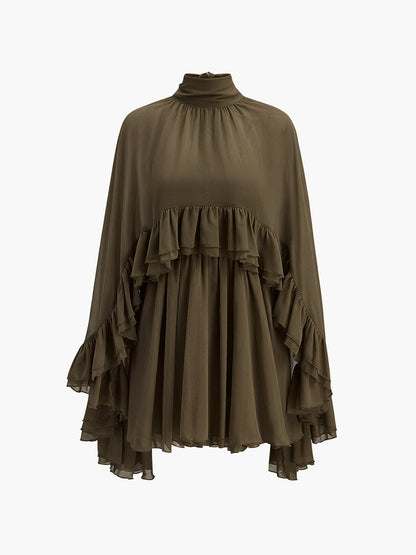 Mock neck mini dress with ruffle trim and cape overlay for women