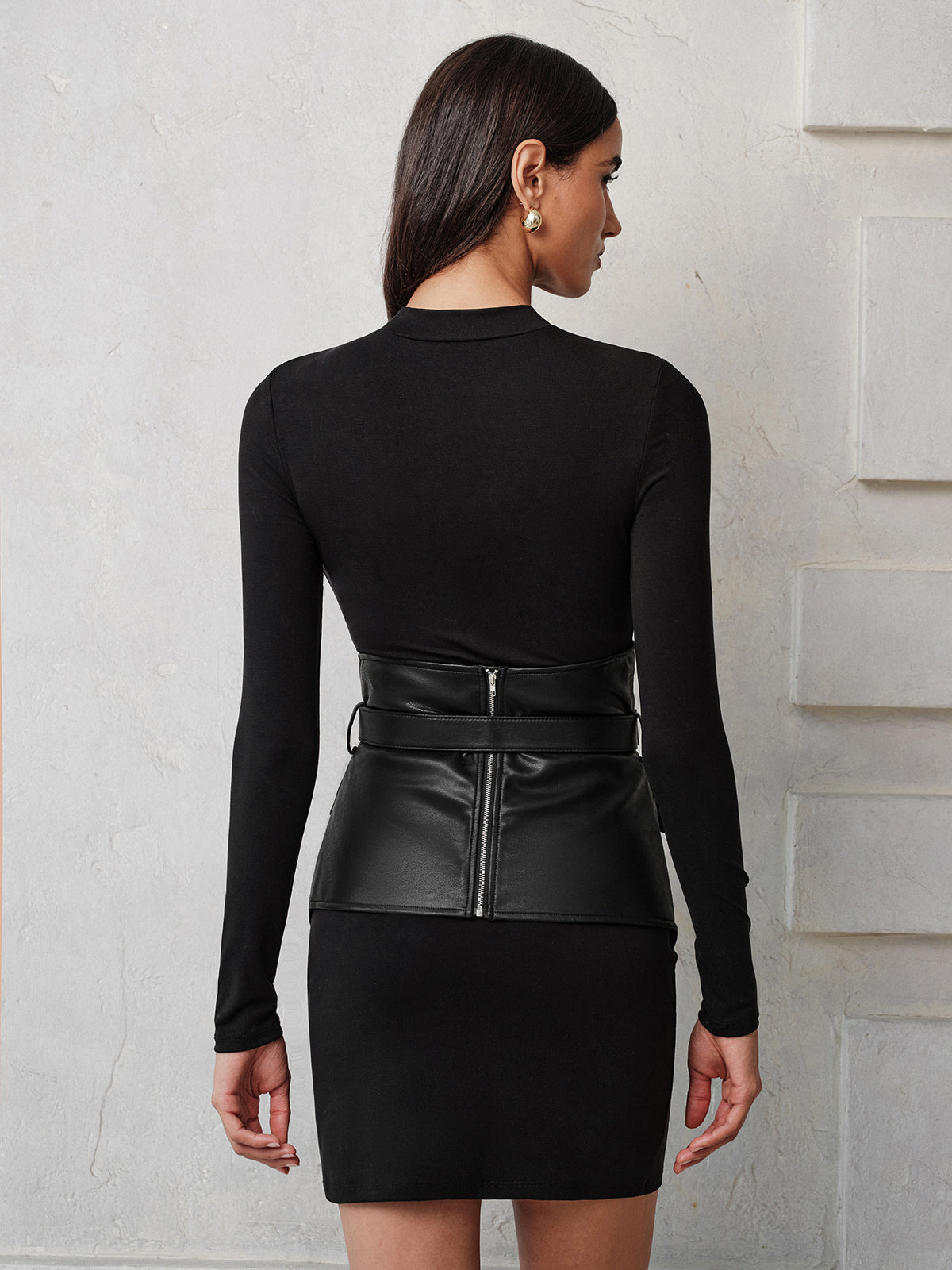 Long sleeve mini dress with faux leather belted overlay for women