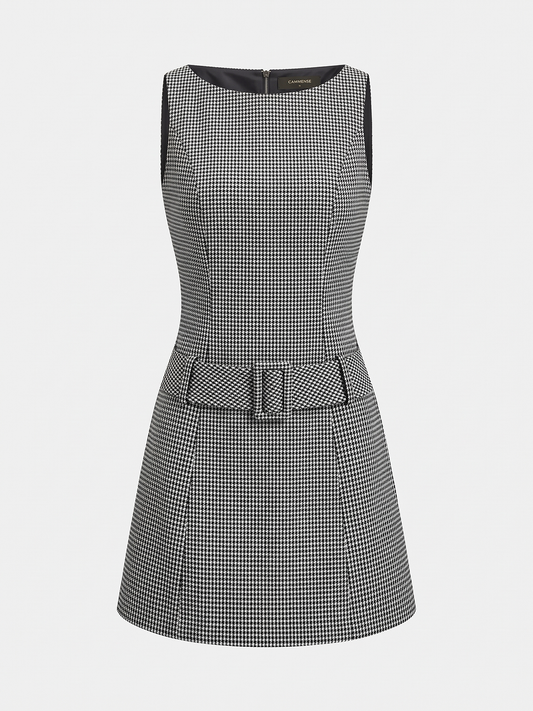 Mini dress for women with houndstooth print and belted waist