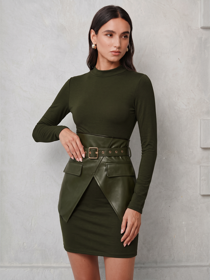 Long sleeve mini dress with faux leather belted overlay for women