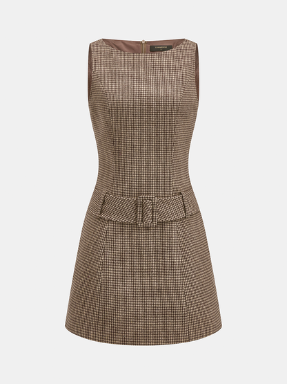 Mini dress for women with houndstooth print and belted waist
