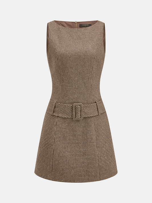 Mini dress for women with houndstooth print and belted waist