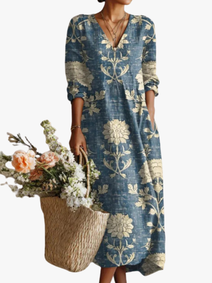 Summer dresses for women, printed midi dress with V-neck and long sleeves