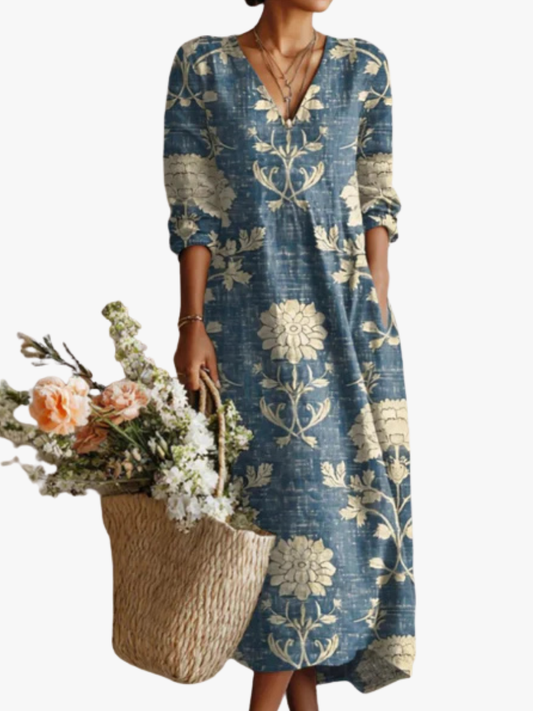 Summer dresses for women, printed midi dress with V-neck and long sleeves