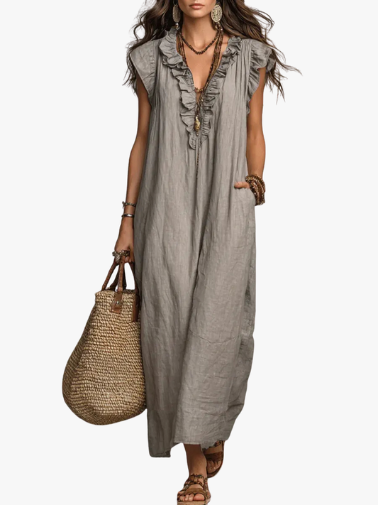 Maxi dresses for women with V-neck and ruffle cap sleeves