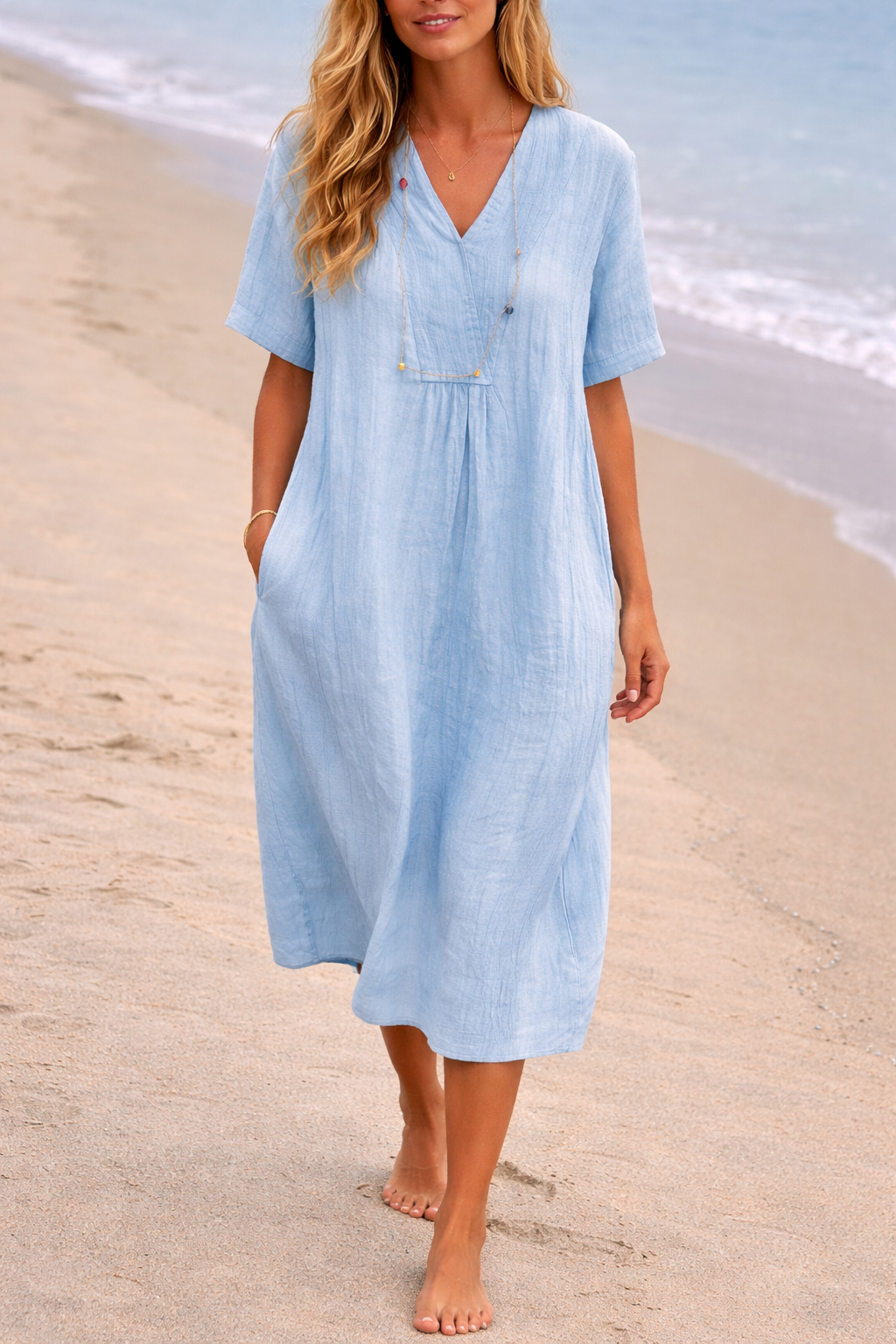 Summer dresses for women, short sleeve v-neck midi dress with gathered front and pockets