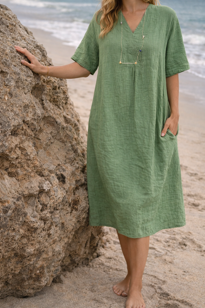 Summer dresses for women, short sleeve v-neck midi dress with gathered front and pockets