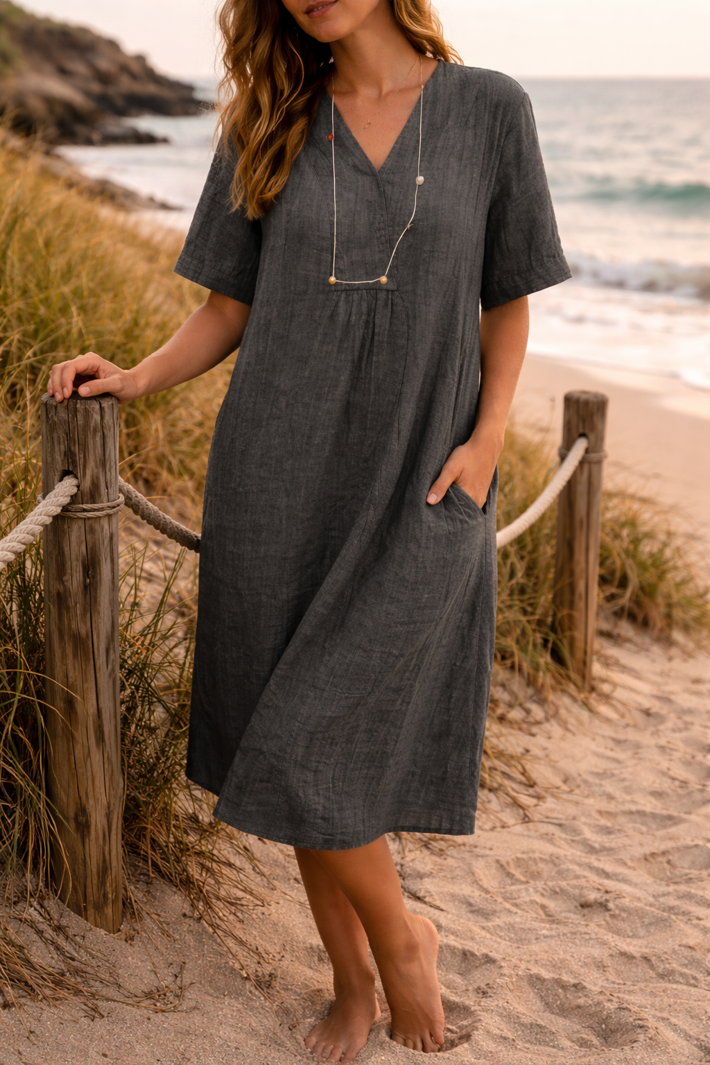 Summer dresses for women, short sleeve v-neck midi dress with gathered front and pockets