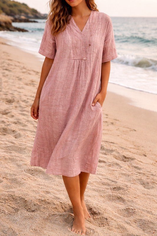 Summer dresses for women, short sleeve v-neck midi dress with gathered front and pockets