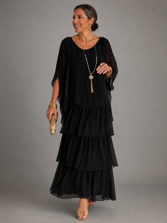 Wedding guest dress tiered maxi with cape sleeves for women