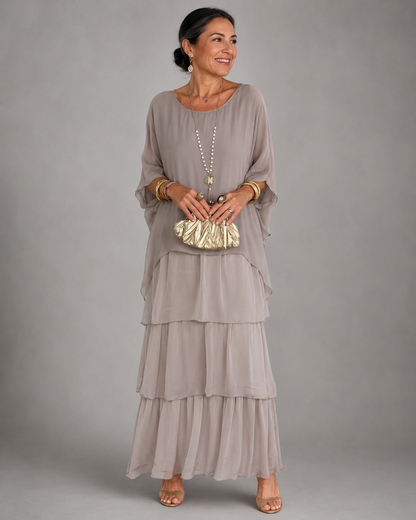 Wedding guest dress tiered maxi with cape sleeves for women