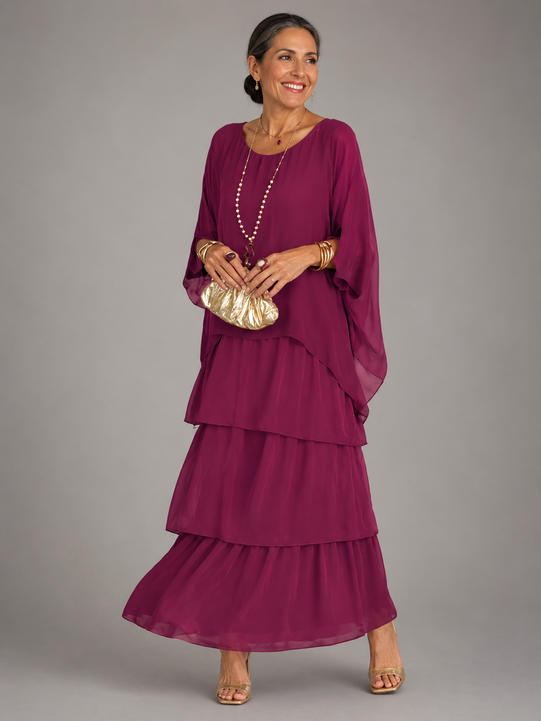 Wedding guest dress tiered maxi with cape sleeves for women