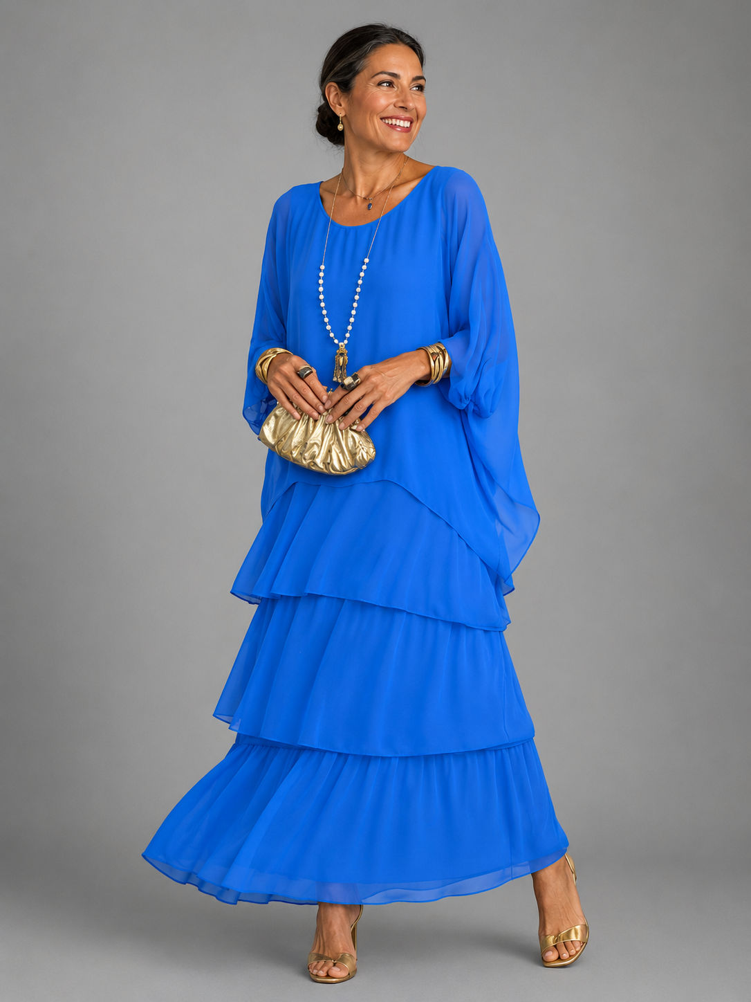 Wedding guest dress tiered maxi with cape sleeves for women