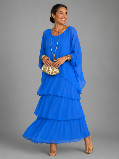 Wedding guest dress tiered maxi with cape sleeves for women