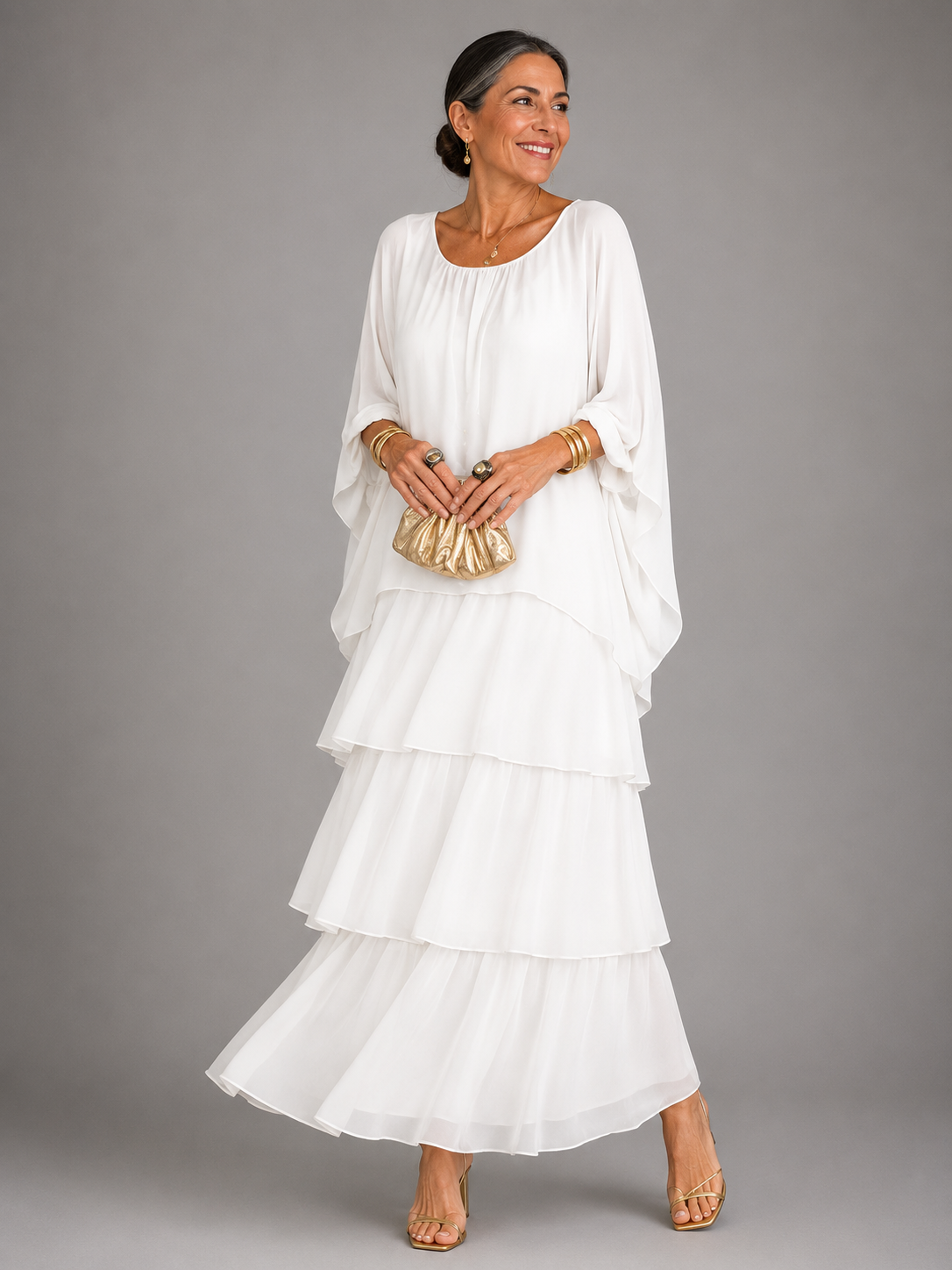Wedding guest dress tiered maxi with cape sleeves for women