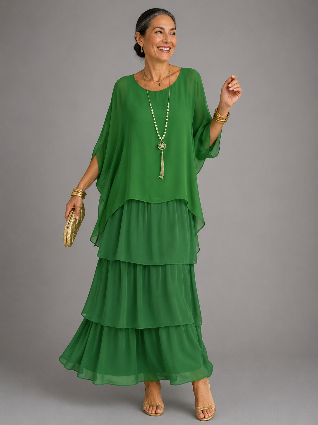 Wedding guest dress tiered maxi with cape sleeves for women