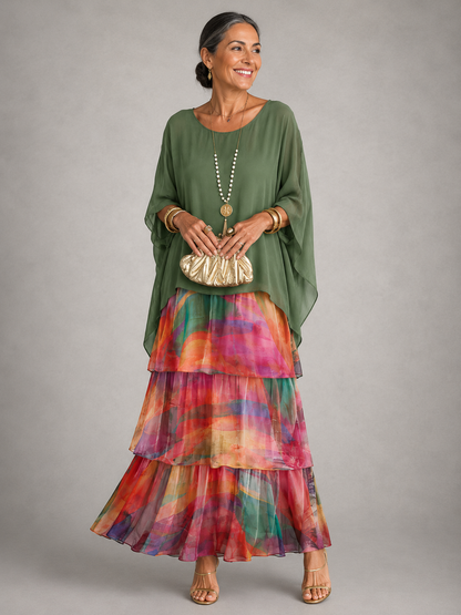 Wedding guest dress tiered maxi with cape sleeves for women