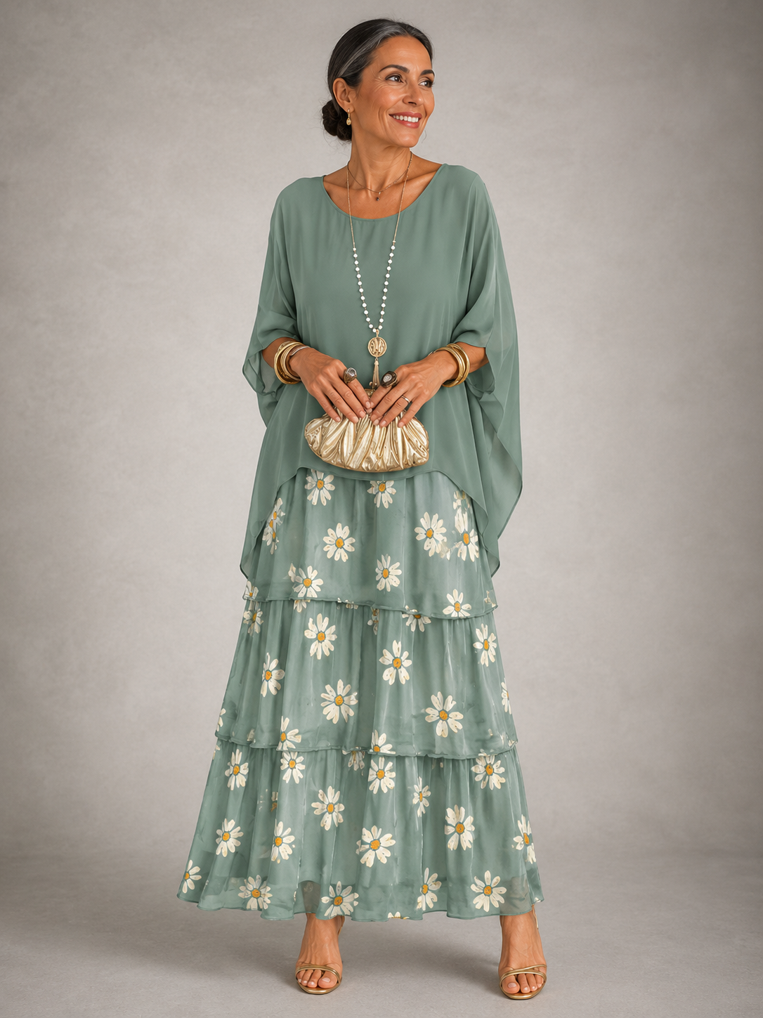 Wedding guest dress tiered maxi with cape sleeves for women