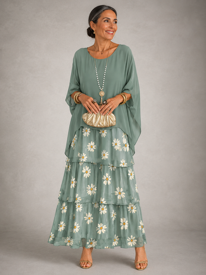 Wedding guest dress tiered maxi with cape sleeves for women