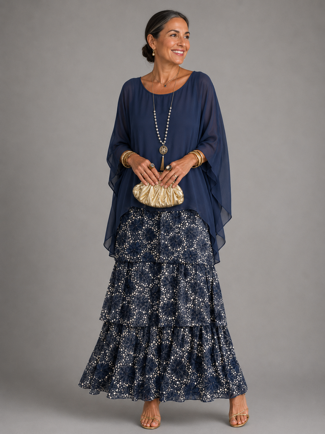 Wedding guest dress tiered maxi with cape sleeves for women