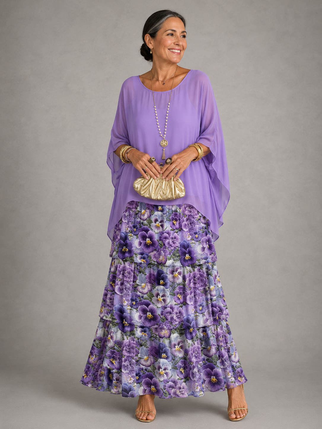 Wedding guest dress tiered maxi with cape sleeves for women