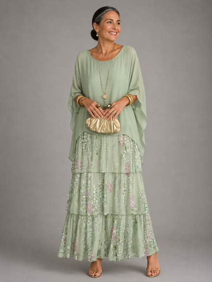 Wedding guest dress tiered maxi with cape sleeves for women