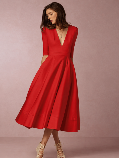 A-line midi dress with deep v-neck and 3/4 sleeves for women