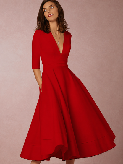 A-line midi dress with deep v-neck and 3/4 sleeves for women