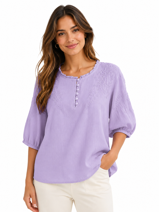 Embroidered blouse for women with ruffle neckline and half sleeves