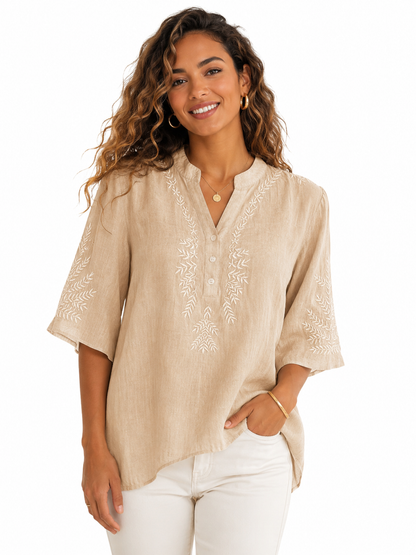 Blouse with embroidered V-neck and half sleeves for women