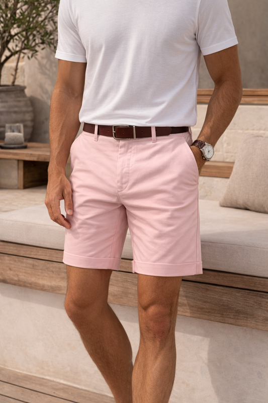 Mens shorts with tailored fit, turn-up hems and belt loops