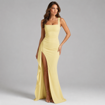 Formal dresses for women, square neck bodycon maxi dress with ruched waist and back zip
