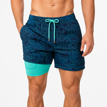 Board shorts for men with compression liner and drawstring waist