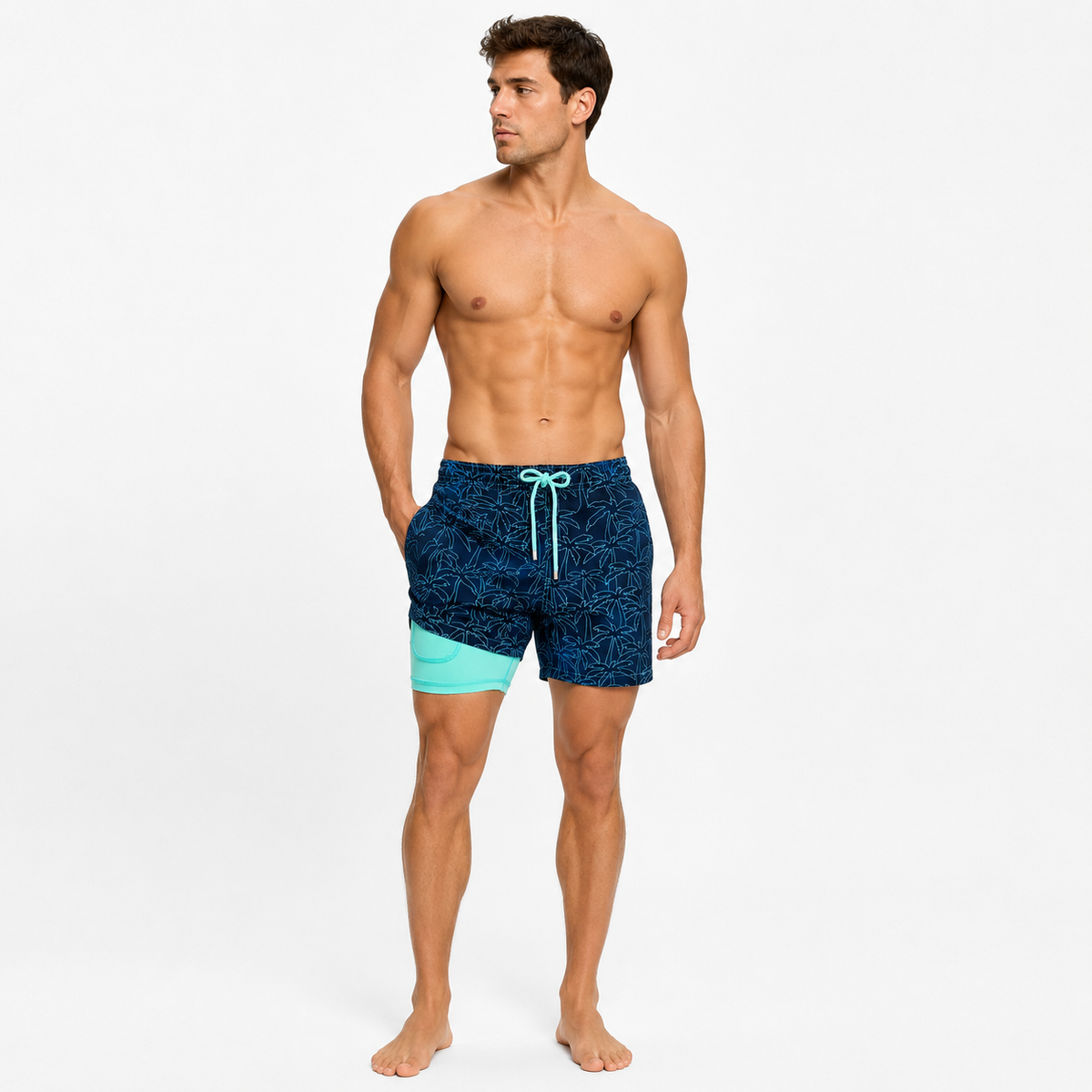 Board shorts for men with compression liner and drawstring waist