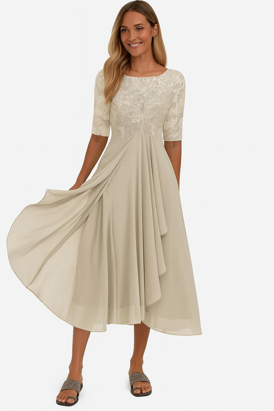 Lace bodice midi dress for women with half sleeves and layered skirt